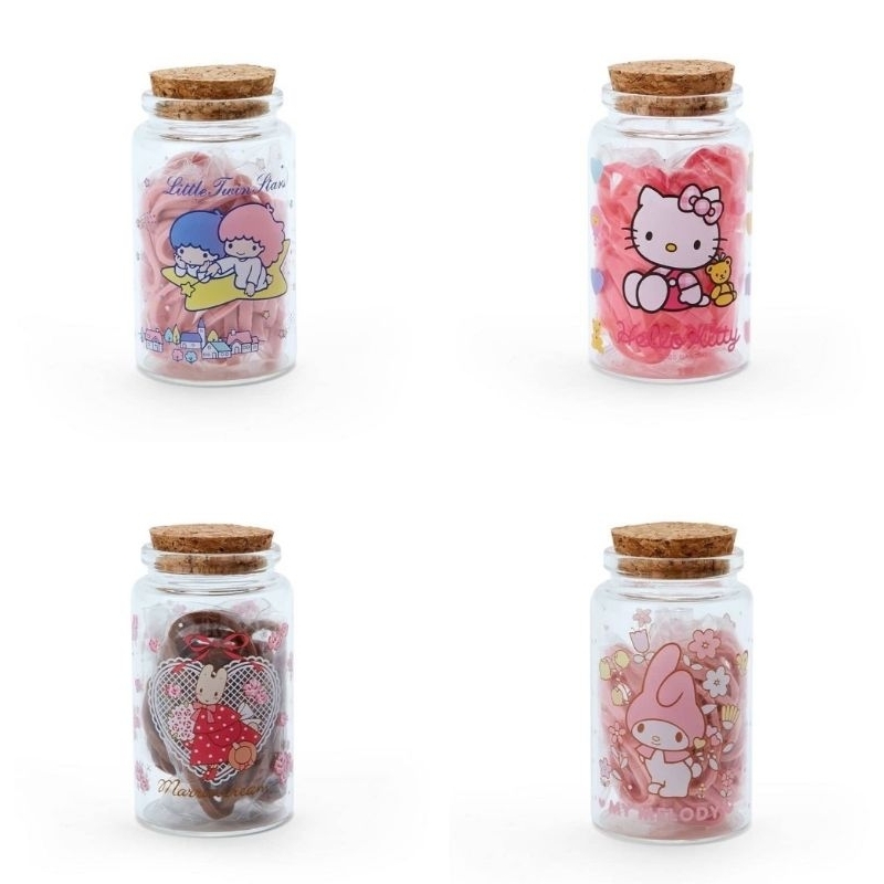 日本正版 三麗鷗 玻璃罐附橡皮 凱蒂貓 兔媽媽 雙子星 美樂蒂 髮飾 小瓶子 全新