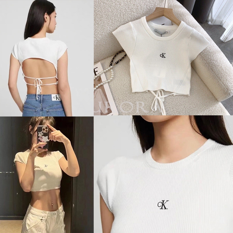 Aurora 購物分享💕 Calvin Klein JENNIE同款 CK新款logo刺繡 露背綁帶針織短袖上衣