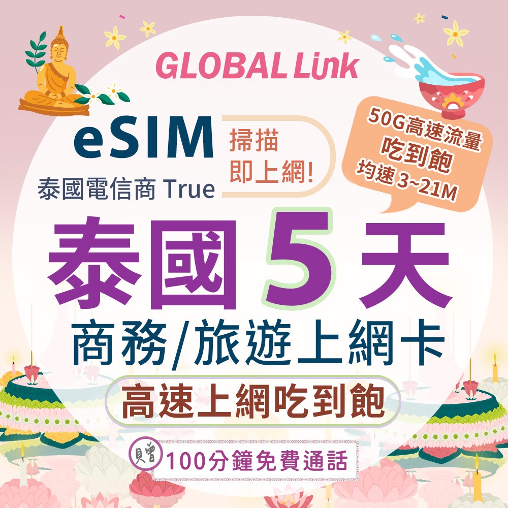 GLOBAL LINK 全球通 eSIM 泰國5天上網卡 共50G高速流量 過量降速吃到飽 4G網速