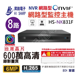 昇銳 6MP HS NK831F 8路 8聲 單碟 網路型 NVR 錄影 600萬 監控主機 IP型 台灣製造