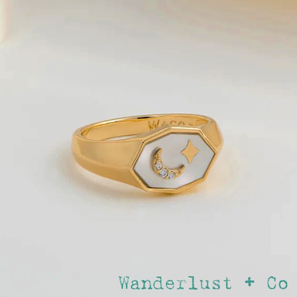 Wanderlust+Co 澳洲品牌 浮雕鑲鑽月亮X北極星 珍珠母貝戒指 Dreamchaser