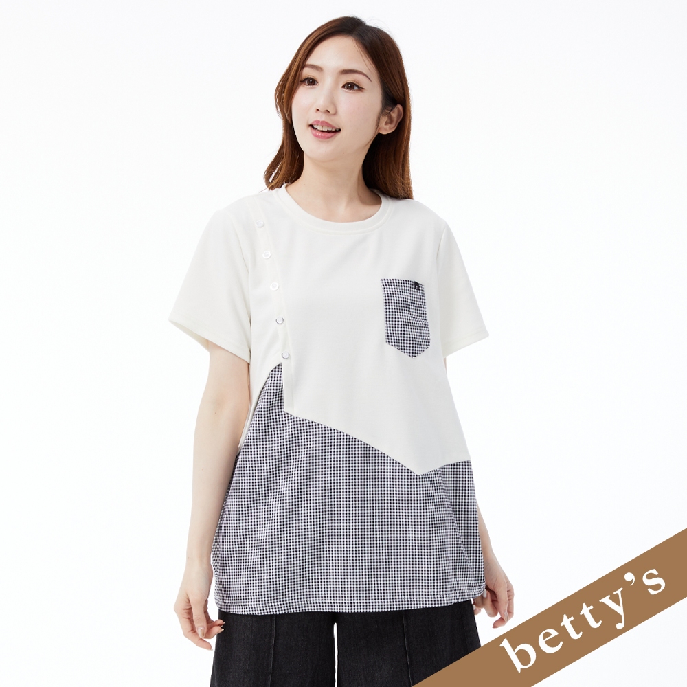 betty’s貝蒂思(25)格紋拼接小側排釦短袖上衣(共二色)