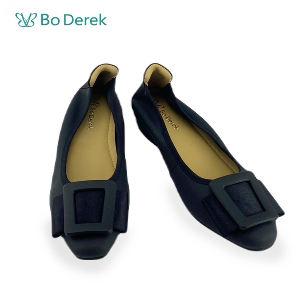 Bo Derek 拼色方扣軟皮平底鞋-黑色