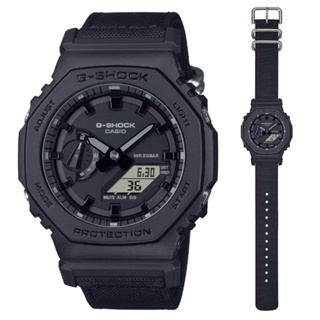 CASIO 卡西歐(GA-2100BCE-1A) G-SHOCK 實用街頭風格 時尚全黑尼龍錶帶八角形雙顯錶