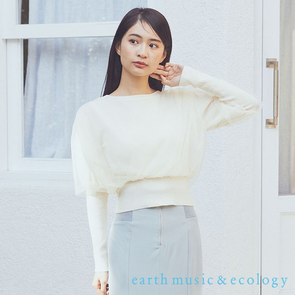 earth music&ecology 薄紗拼接彈性縮袖收腰針織上衣(1M41L2C0100)