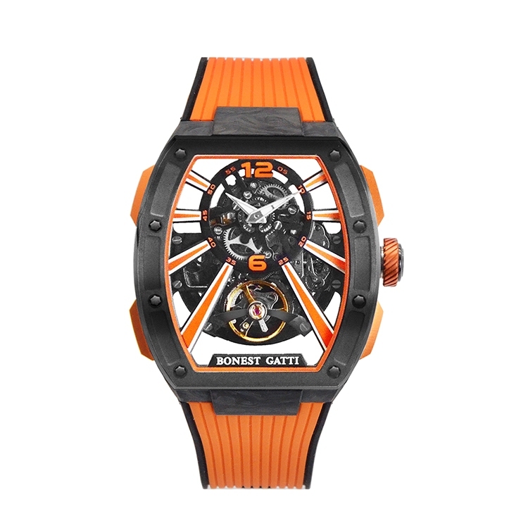 BONEST GATTI布加迪 黑橘款 輕量級碳纖維簍空面盤 酒桶造型 氟橡膠錶帶 自動上鍊機械腕錶