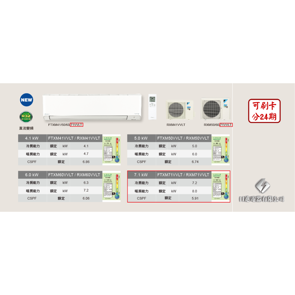 日進電器 可刷卡分24期 DAIKIN大金 橫綱V系列 11~13坪 RXM/FTXM71VVLT 變頻冷暖 分離式冷氣