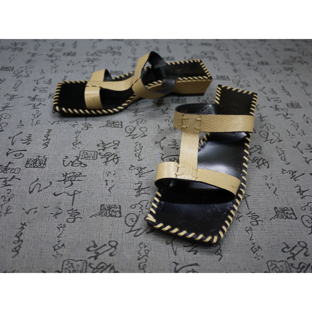 義大利製 Bruno Magli 高級真皮壓蜥蝪紋粗跟涼鞋 USA 6 EUR 36 JPN 23 CM