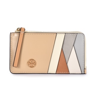 TORY BURCH Robinson拼色皮革卡夾拉鍊零錢包(杏色)151270