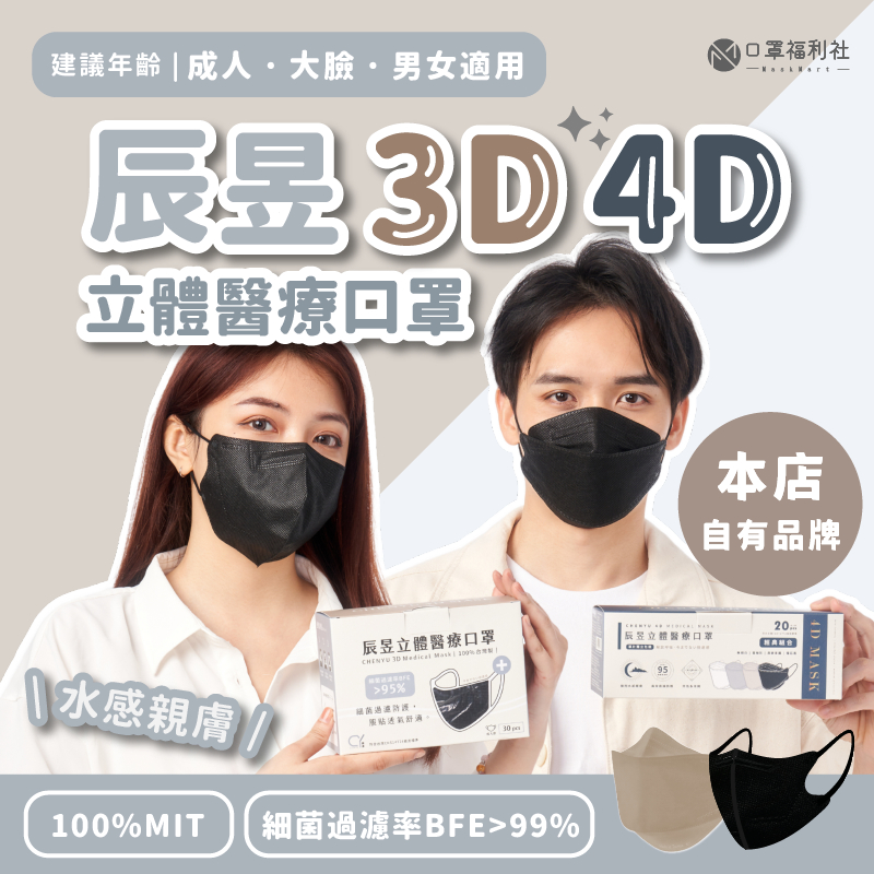 【口罩福利社】辰昱透氣3D／4D立體醫療口罩（獨立包裝）｜辰昱平面醫用口罩50入‧水舞醫用平面口罩30入