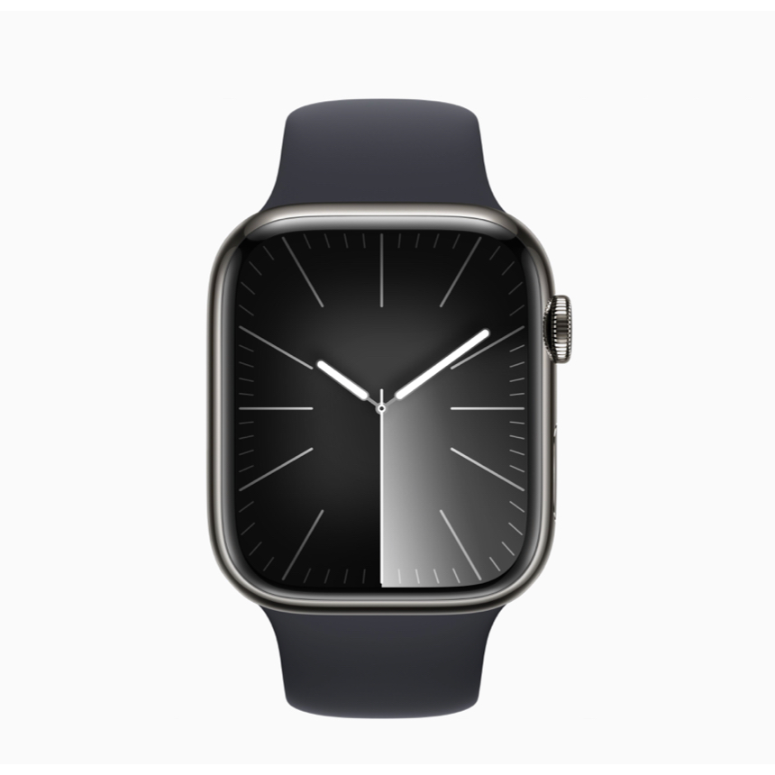 全新 Apple Watch Series 9 (GPS + 行動網路) 45mm 不鏽鋼錶殼搭配運動型錶帶-M/L