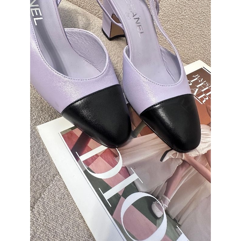 Chanel紫色黑頭拉帶低跟包鞋 38號we01202435
