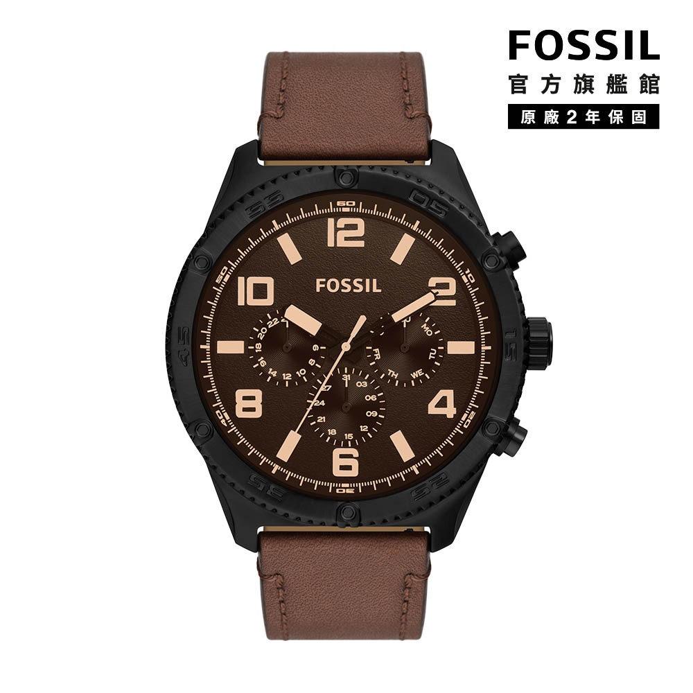 【FOSSIL 官方旗艦館】Brox 溫雅風尚深棕三眼手錶 棕色真皮錶帶 50MM BQ2802