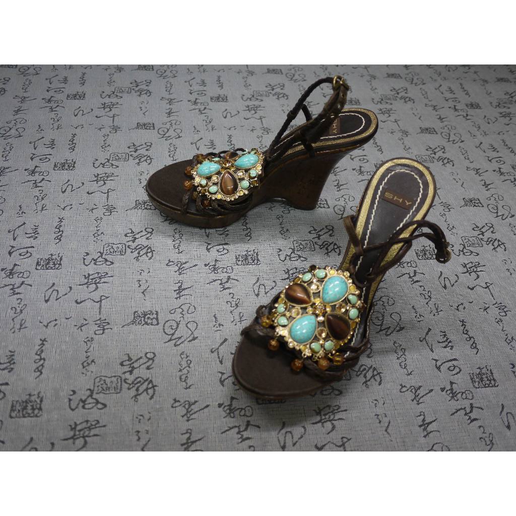 義大利製 SHY 寶石飾真皮楔型涼鞋 USA 5.5 EUR 35.5 JPN 22.5