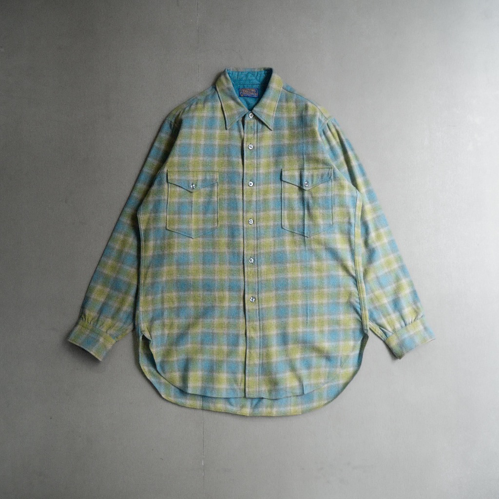 《白木11》 70-80S PENDLETON WOOL FIELD SHIRT 美國製 藍綠 格紋 羊毛 雙口袋 襯衫