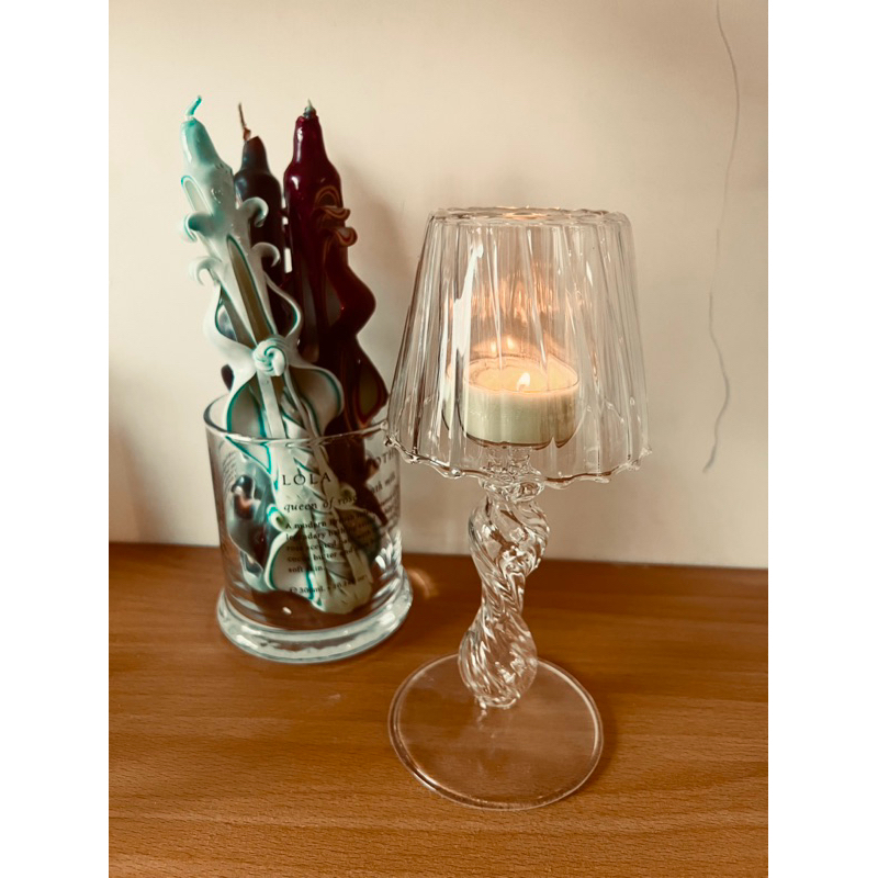S.W. Candle 復古檯燈造型透明玻璃高腳燭台（附茶蠟燭4顆一組）