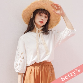 betty’s貝蒂思(31)領口綁帶鏤空七分袖上衣(白色)