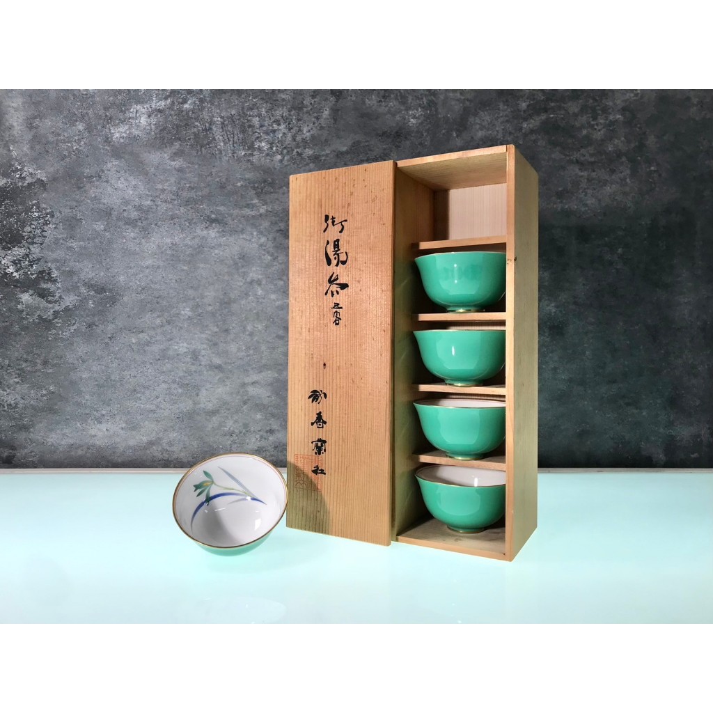 【時光裏】日本香蘭社琉璃金邊湖水綠湯吞組五入 茶杯