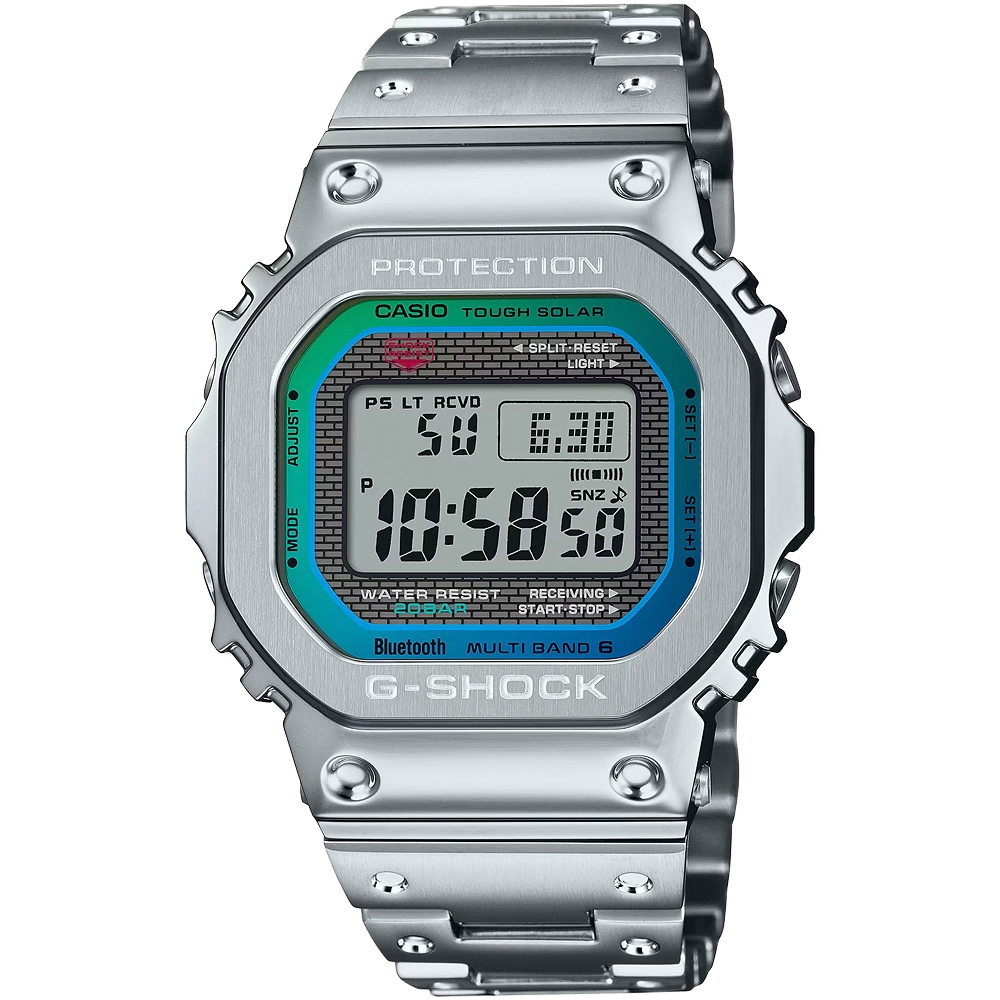 CASIO 卡西歐 G-SHOCK 全金屬 彩虹光譜 太陽能電波手錶-百搭銀 GMW-B5000PC-1