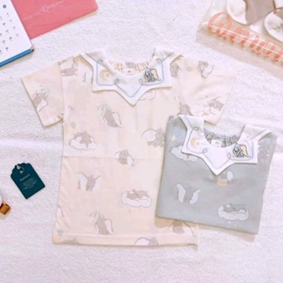 日本童裝Cottoli x Disney - 全新小木馬迪士尼聯名款小飛象星星領短袖針織內搭上衣（米杏色100）