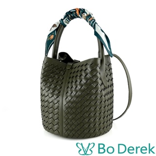Bo Derek女包｜絲巾皮革編織手提斜背水桶包-橄欖綠色 / 1115-400