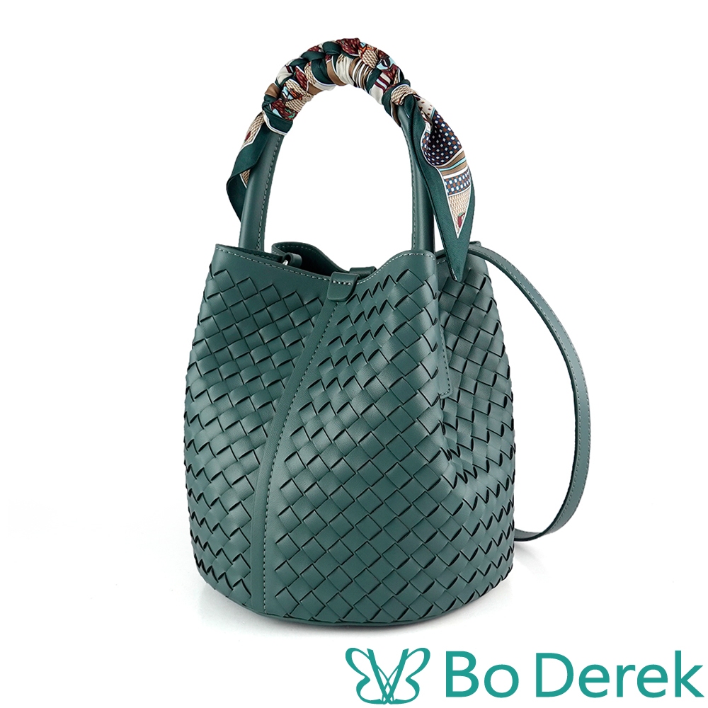 Bo Derek女包｜絲巾皮革編織手提斜背水桶包-藍綠色 / 1115-400