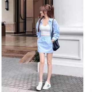 IZ實拍（自留♡ 5種穿法）一套價 韓國同款熱賣 兩件式 寶寶藍 素色 襯衫 花苞 短褲 休閒套組 套裝