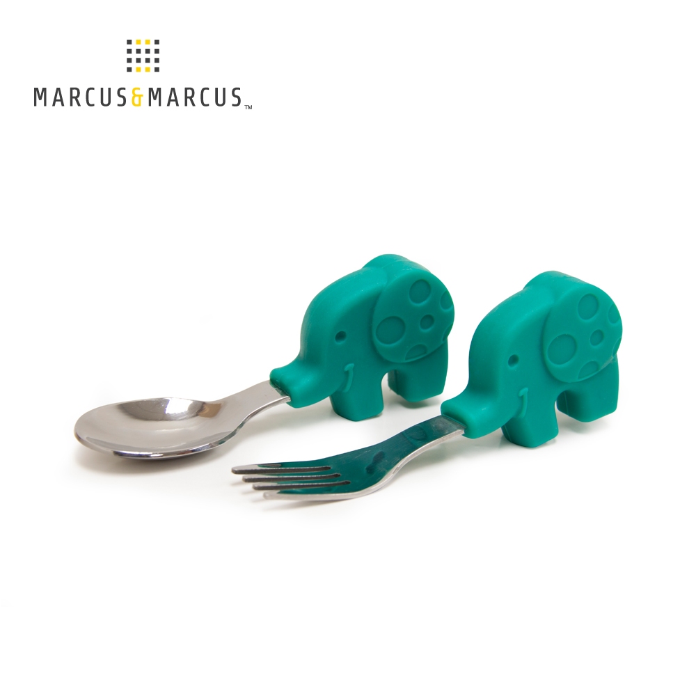 加拿大Marcus &amp; Marcus 動物樂園寶寶手握訓練叉匙-大象(綠)