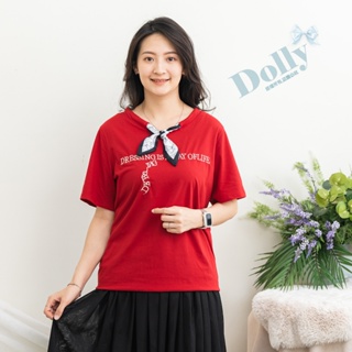 台灣現貨 大尺碼甜美領巾袖英文棉質上衣(紅色) 025-Dolly多莉大碼專賣店