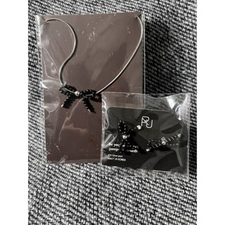 韓製 全新 現貨 925 純銀 黑色串珠 蝴蝶結 項鍊 耳環 組合
