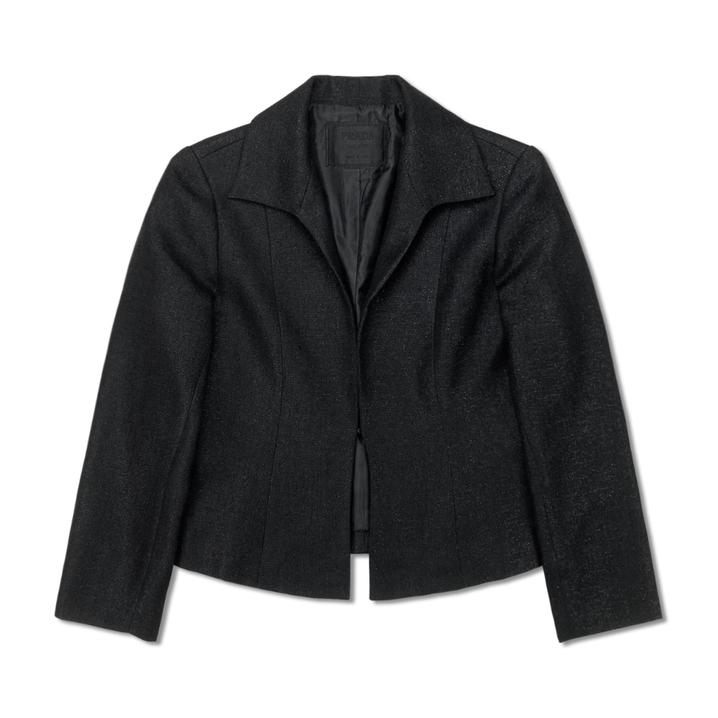 [稀有品] Prada 普拉達 黑色高對比閃耀紋 女生極度時髦隱藏釦西裝外套 義大利製 約一般M號