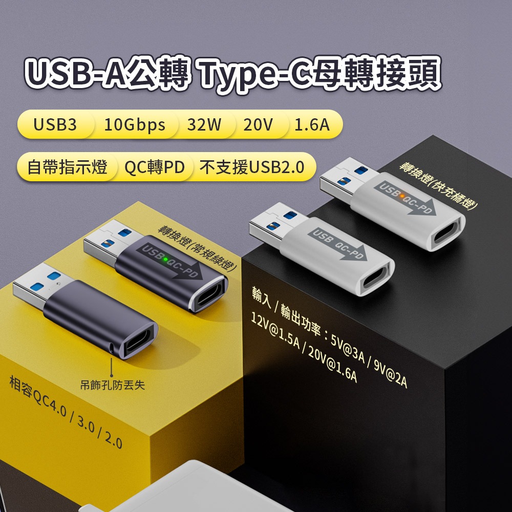 USB-A 公轉Type-C 母 轉接頭-白 USB3 10Gbps/32W/20V/1.6A 帶指示燈 QC轉PD