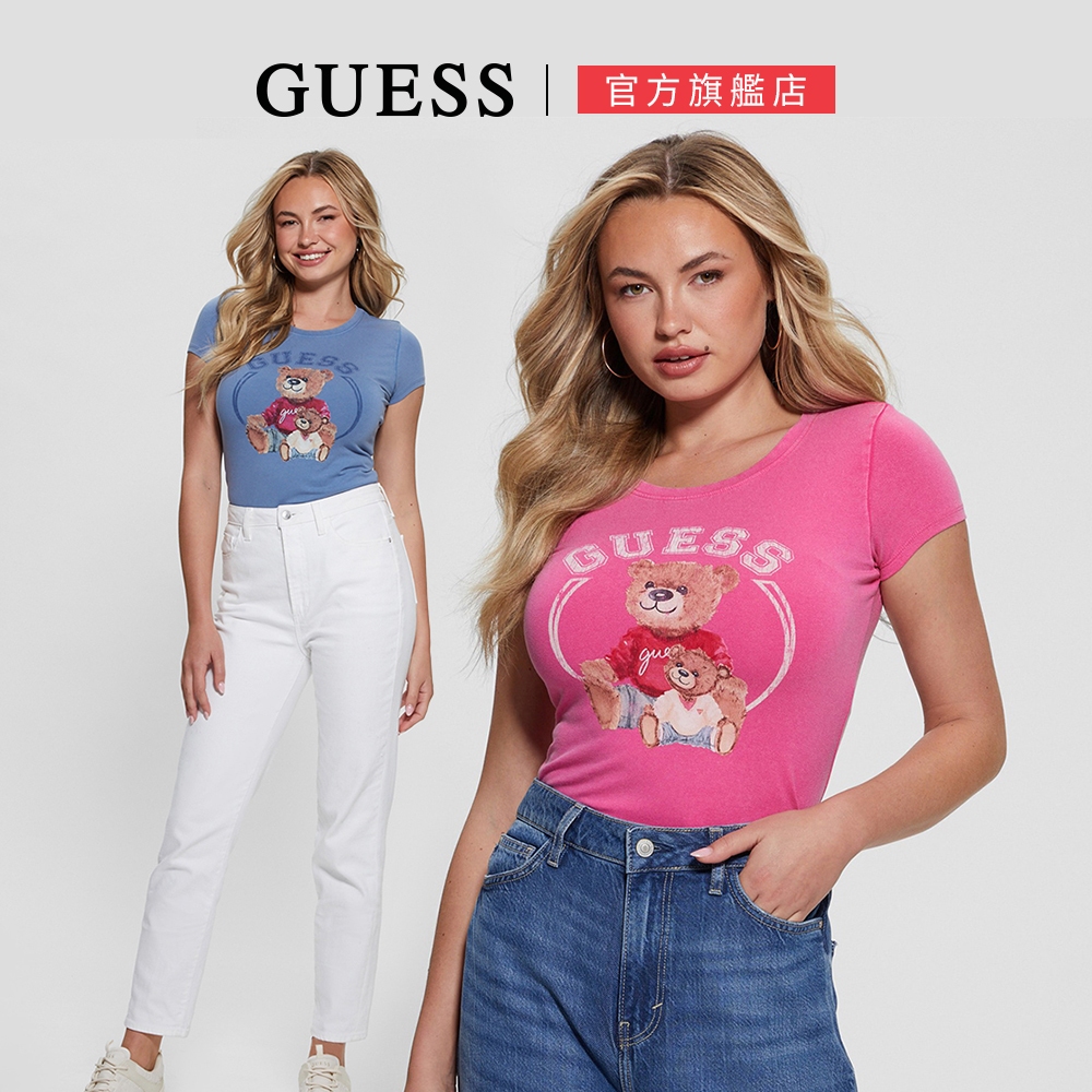 【GUESS】修身泰迪熊印花圓領短T 兩色任選