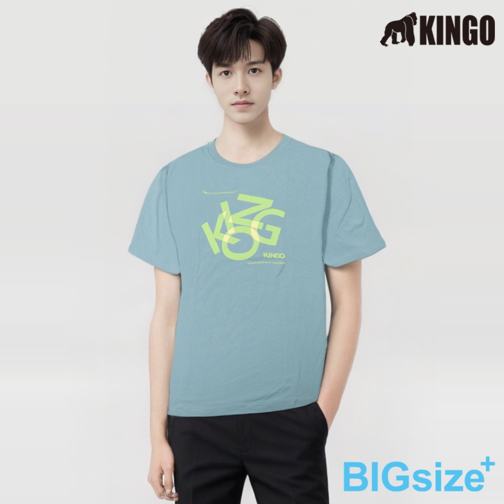 KINGO-大尺碼-男款 圓領T恤-灰藍-413141