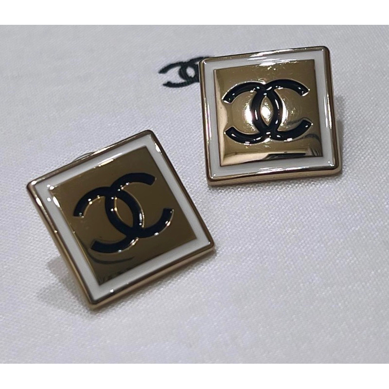 CHANEL vintage 方型黑金大logo針式耳環