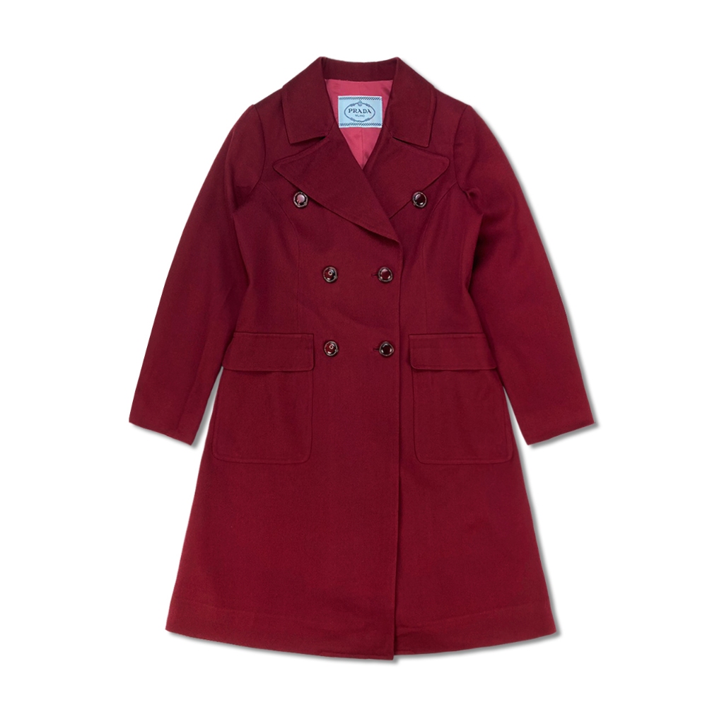 [極新品] Prada 普拉達 100%純羊毛 玫瑰紅斜紋 蘑菇釦 女生雙排釦收腰長版大衣 義大利製 一般S-M號