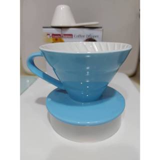 Tiamo V01(藍色)螺旋紋陶瓷雙色咖啡濾杯 附滴水盤 量匙 容量 1~2人份 咖啡 濾杯