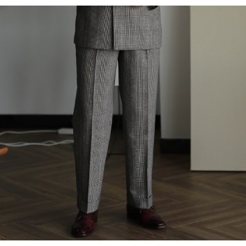 GD-C灰色親王格100%羊毛義式法蘭絨高腰雙褶那不勒斯復古紳士西裝褲/長褲