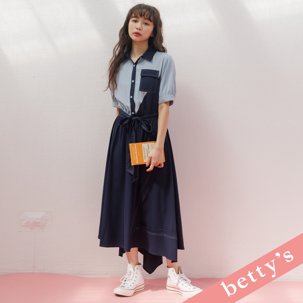 betty’s貝蒂思(31)撞色鬆緊腰帶雪紡長洋裝(深藍)