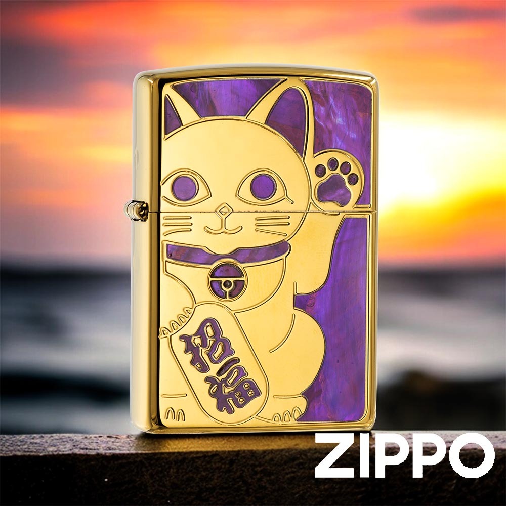 ZIPPO 七彩貝殼招財貓防風打火機 Z-058 高拋光 紫金色 黃銅機身 好運 福氣 貴氣 終身保固