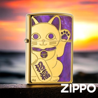 ZIPPO 七彩貝殼招財貓防風打火機 Z-058 高拋光 紫金色 黃銅機身 好運 福氣 貴氣 終身保固