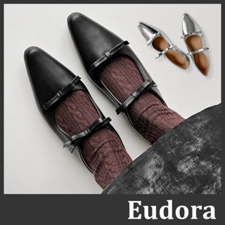 【Eudora】法式瑪莉珍鞋 尖頭鞋 小皮鞋 樂福鞋 蝴蝶結 瑪麗珍 芭蕾舞鞋 黑色 銀色 平底鞋 娃娃鞋 單鞋 瑪莉珍