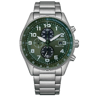 CITIZEN星辰 CA0770-72X CHRONOGRAPH 光動能碼錶計時鋼帶時尚腕錶 綠面 43mm
