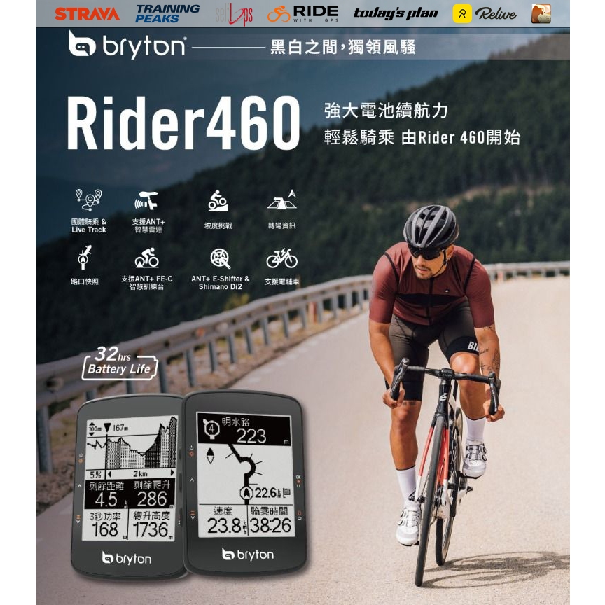 原廠【速度公園】BRYTON Rider 460『全配/單主機』黑白旗艦碼錶，路口快照 爬坡資訊 支援電輔車，自行車錶