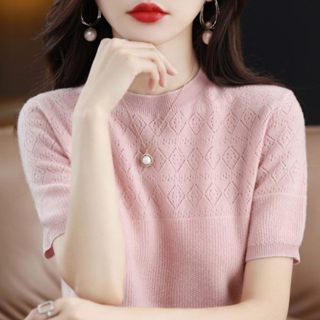 愛依依 短袖T卹 針織T卹 針織衫 新款圓領羊毛衫半袖薄款鏤空 短款針織上衣2F099-A 4592