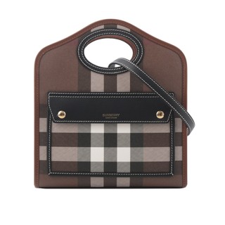 BURBERRY 格紋拼皮革手提/斜背口袋包(Mini)(暗樺木棕色) 8071386 A8900
