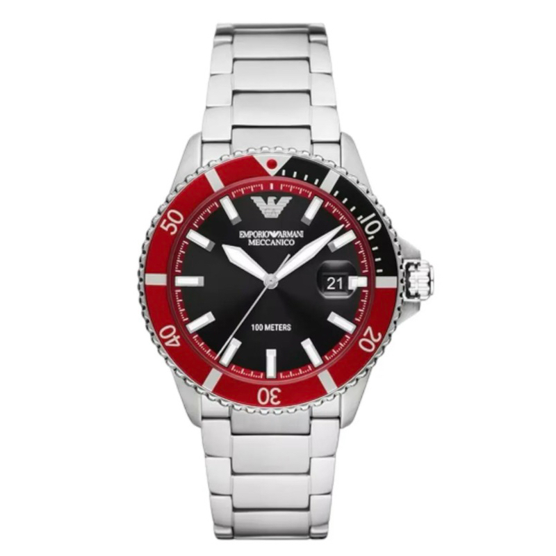 【EMPORIO ARMANI】亞曼尼 Diver 海浪征服者自動機械錶 經典黑銀色不鏽鋼錶帶 42MM AR60074