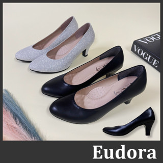 【Eudora】MIT臺灣製 高跟鞋 宴會鞋 工作鞋 面試鞋 尖頭跟鞋 皮革金蔥軟底 粗高跟 黑色 包鞋 跟鞋 皮鞋