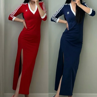 【Sharkhead】現貨 Adidas Originals 連身裙 V領 深藍 紅 開岔 七分袖 三葉草 IP2987