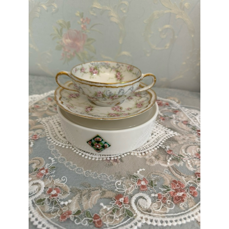 Vintage 法國Haviland Limoges 玫瑰花雙耳花茶杯組 咖啡杯組 百年古董骨瓷